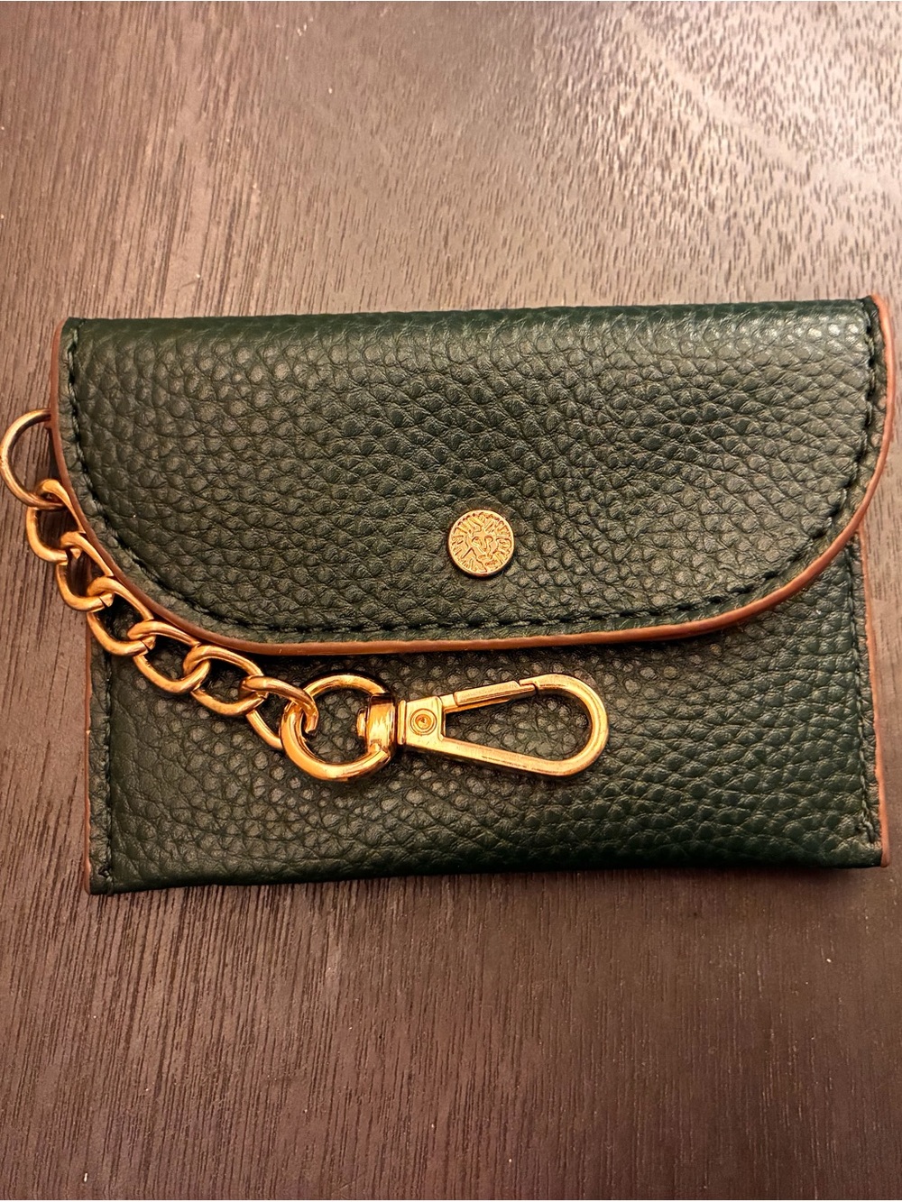 Anne Klein Dark Green Pebbled Leather Key & Card Holder with Gold Chain
